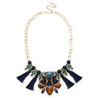 Jewel Tone Art Deco Gemstone Navy Tassel Necklace